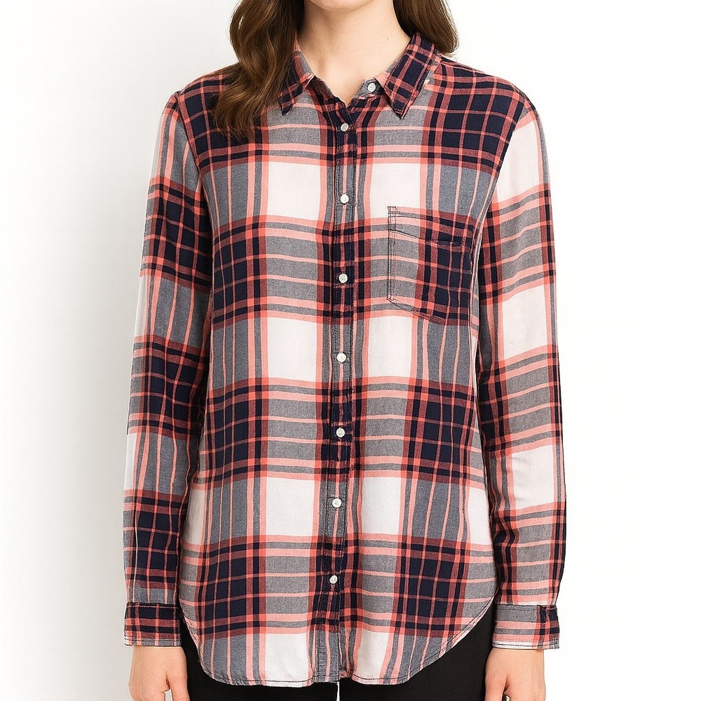 STYLUS Women’s Pink, White & Navy Blue‎ Long Sleeve Button-Down Shirt, Size L